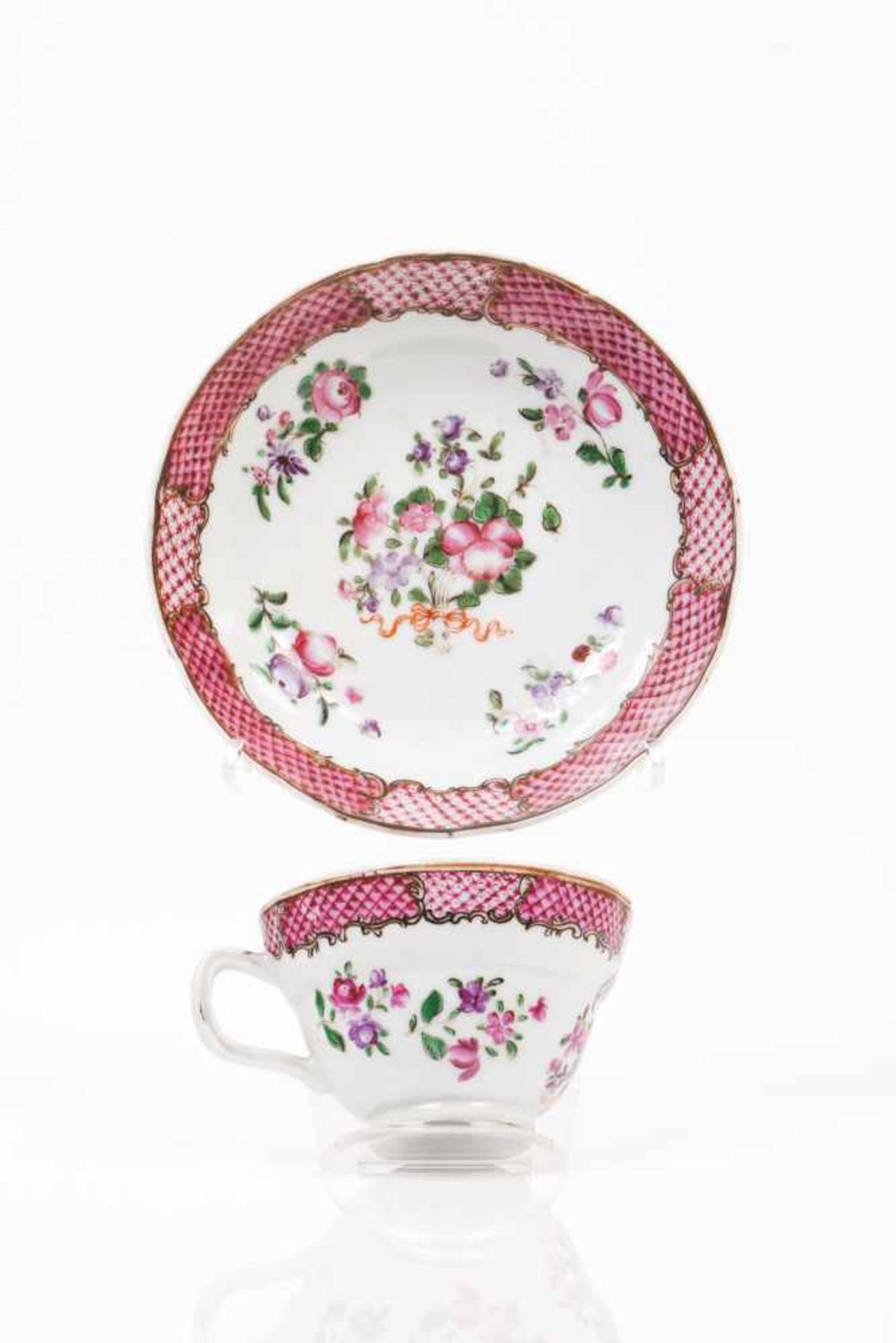 A cup and saucerChinese export porcelainPolychrome Famille Rose decoration depicting flowers and