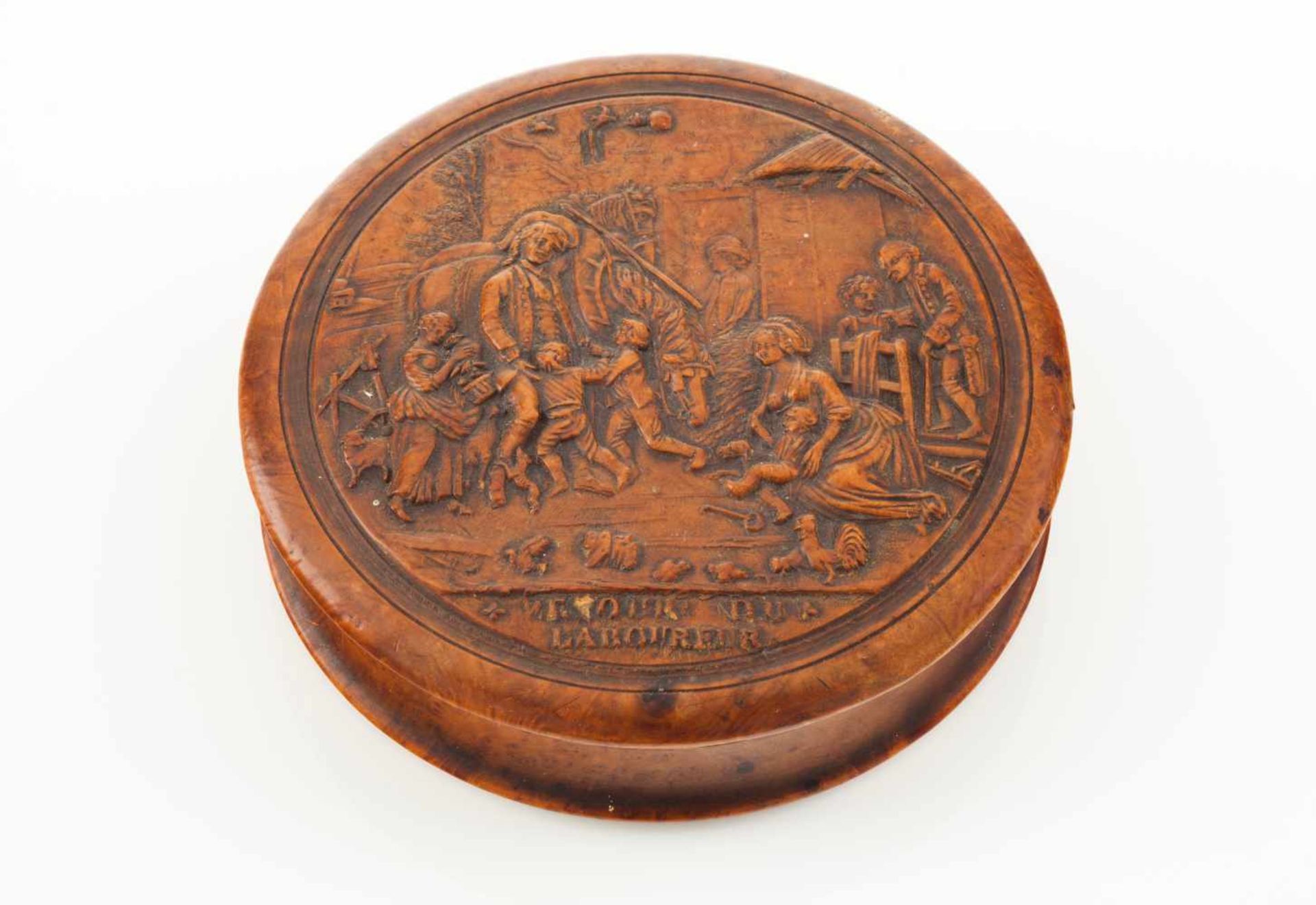 A lided boxBurr walnutCarved decoration depicting "Retour du Laboreur" after 1781 engraving by