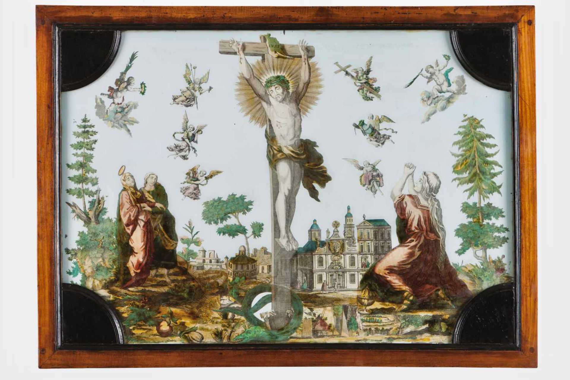 A CalvaryA composition of coloured engravings under painted glassEurope, 18th century50x69,5 cm