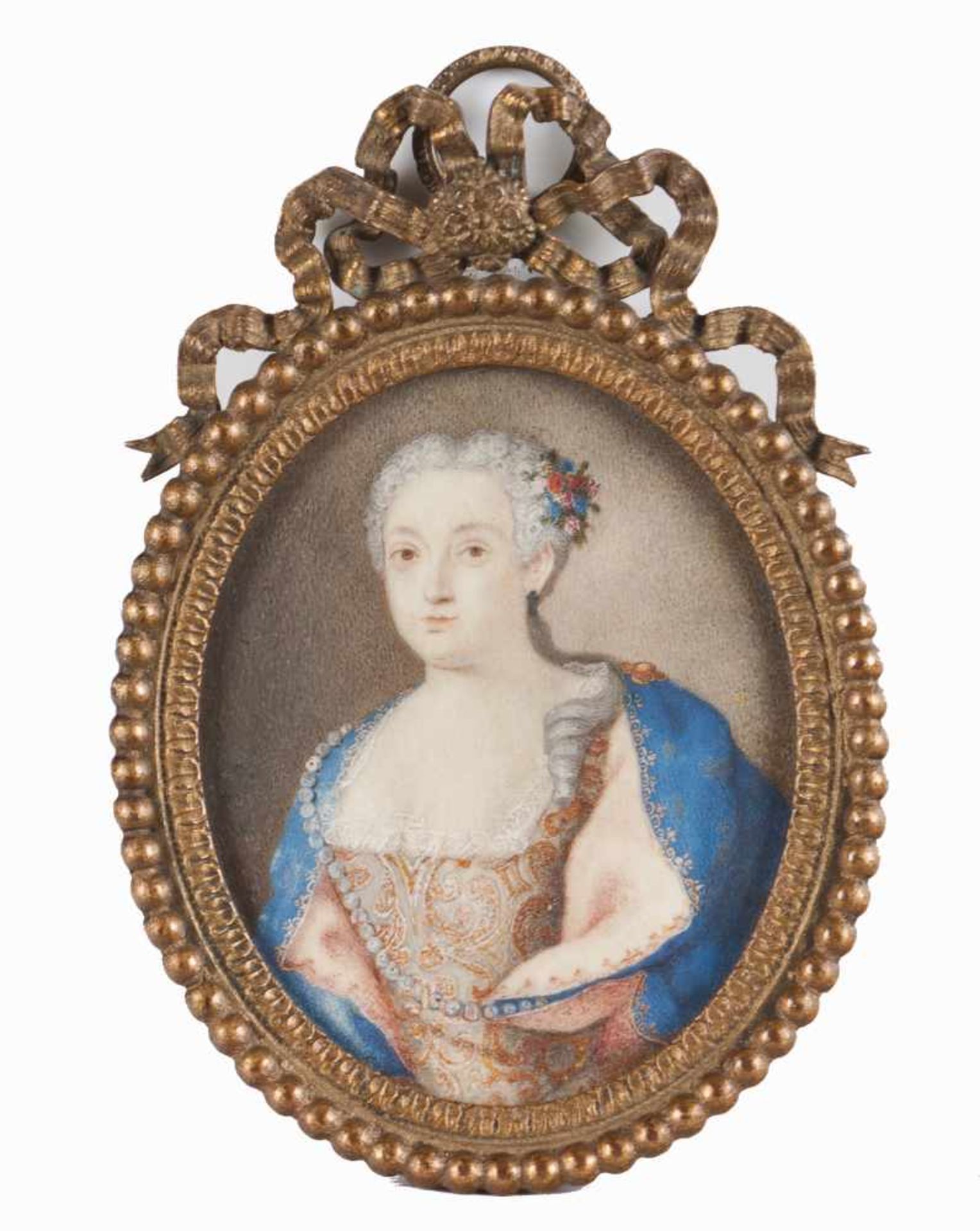 European School, 18th centuryMiniature on ivory depicting female figureYellow metal frame and top