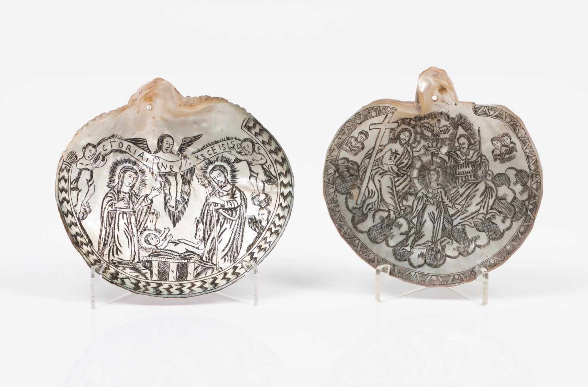 A Nativity and Virgin's HeartTwo carved and engraved mother-of-pearl shellsHoly Land, 18th / 19th