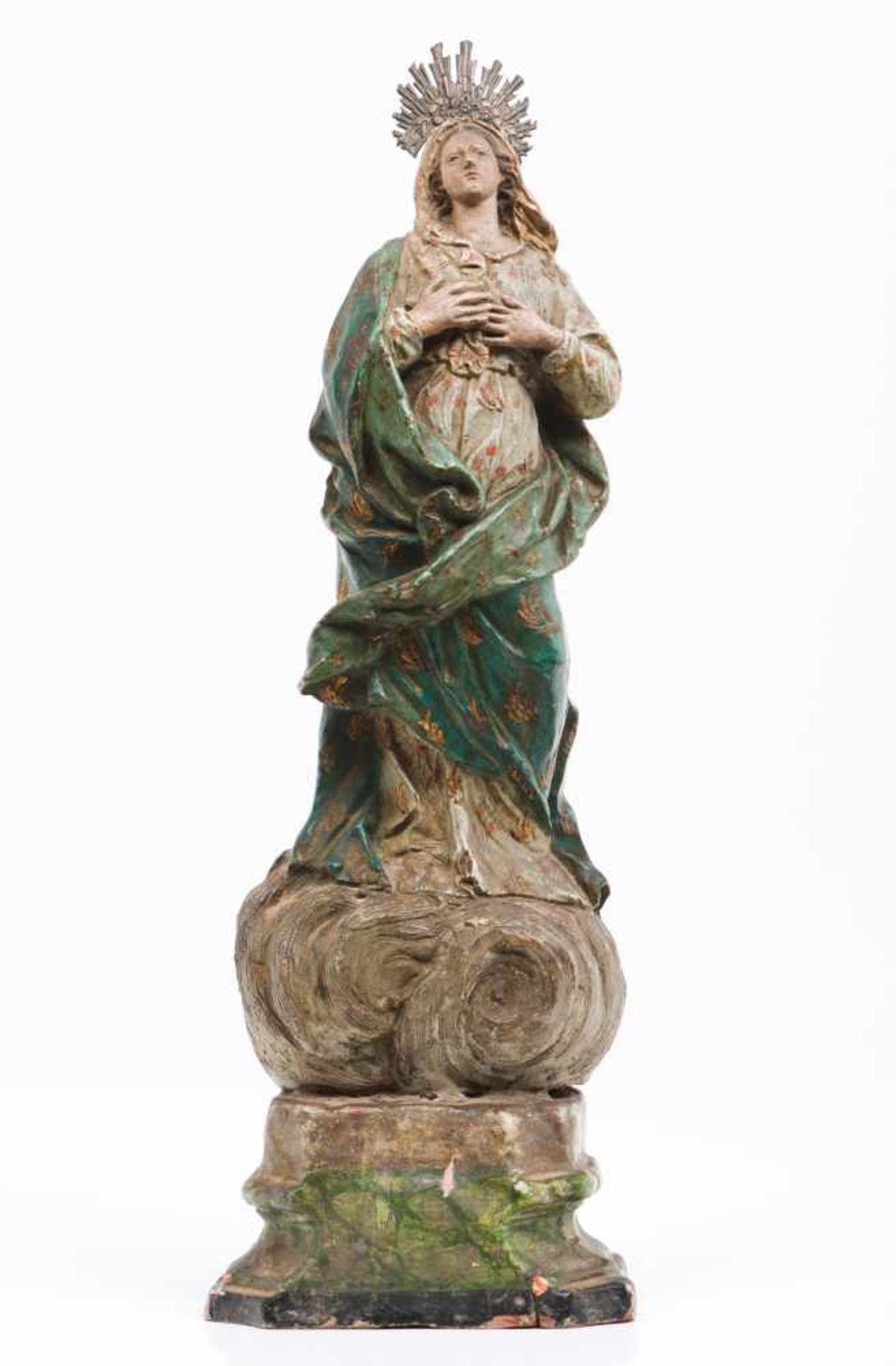The Virgin MaryPolychrome terracota sculptureSilver radiating haloPortugal, 19th century(minor