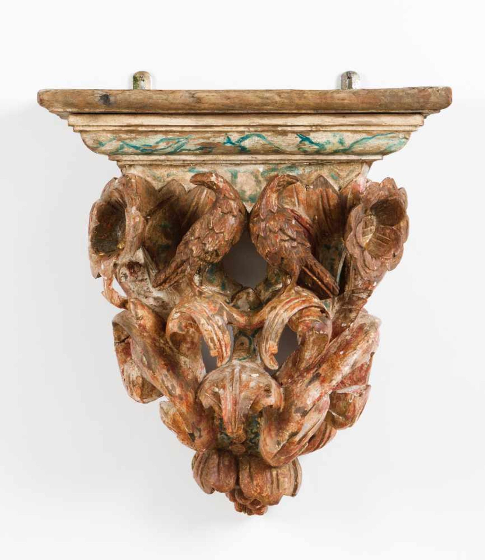 A pair of bracketsCarved, gilt and polychrome woodDecorated with floral motifs and birdsPortugal, - Image 2 of 2