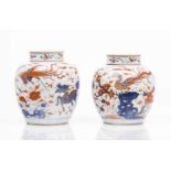 A pair of potes iwth coversChinese export porcelainImari decoration with phoenix, dragon and foliage