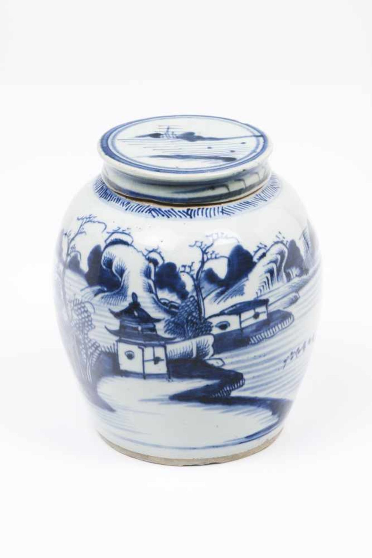 A ginger jarChinese porcelainBlue underglaze decoration with riverscapeMing dynasty, 17th century(