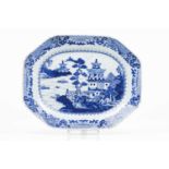 A large octagonal trayChinese export porcelainBlue decoration with riverscape, flowers and