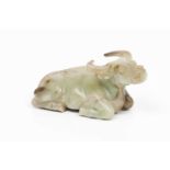 A water buffaloCeladon green jade sculpture with some brown markingsResting water buffaloChina, Qing