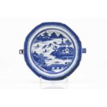 A scalopped rechaud plateChinese porcelainBlue decoration with riverscape and pagodasDaoguang