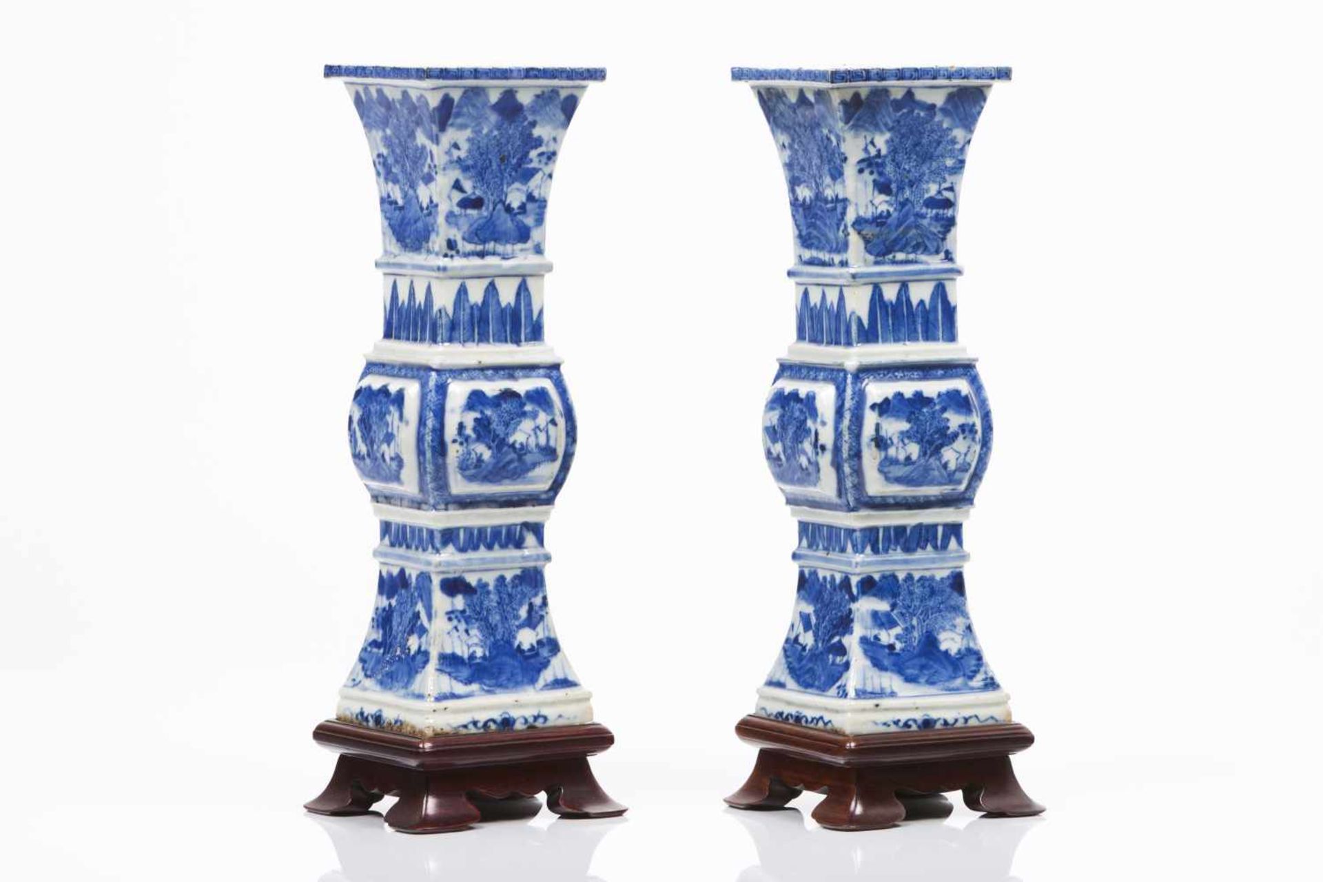 A pair of candle standsChinese porcelainSquared "Gu" shapedBlue underglaze decoration with