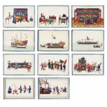 A rare Qing Dynasty album with 48 daily scenes on rice paperBlack and gilt Chinese lacquer cover and