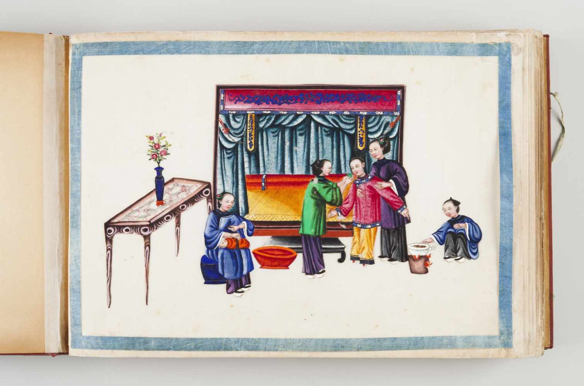 A rare Qing Dynasty album with 48 daily scenes on rice paperBlack and gilt Chinese lacquer cover and - Bild 2 aus 15