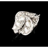 A ringGoldStylised leafs set with 11 crowned rose cut diamonds, total (ca.2.00ct)Europe, 1st half