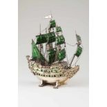 A galleonEuropean silver 19th/20th centuryExceptional white and gilt silver galleon miniature with