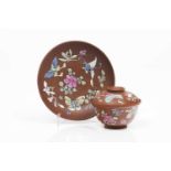 Yixing lided cup and saucerReddish brown clayPolychrome enamelled decoration with flowers and