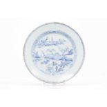 A plateChinese export porcelainBlue and white decoration with riverscape, pagodas and flowers"