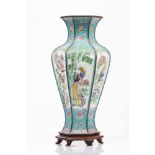 A vasePolychrome enamel on copperCartouches with pheasants, birds and flowers decorationQing