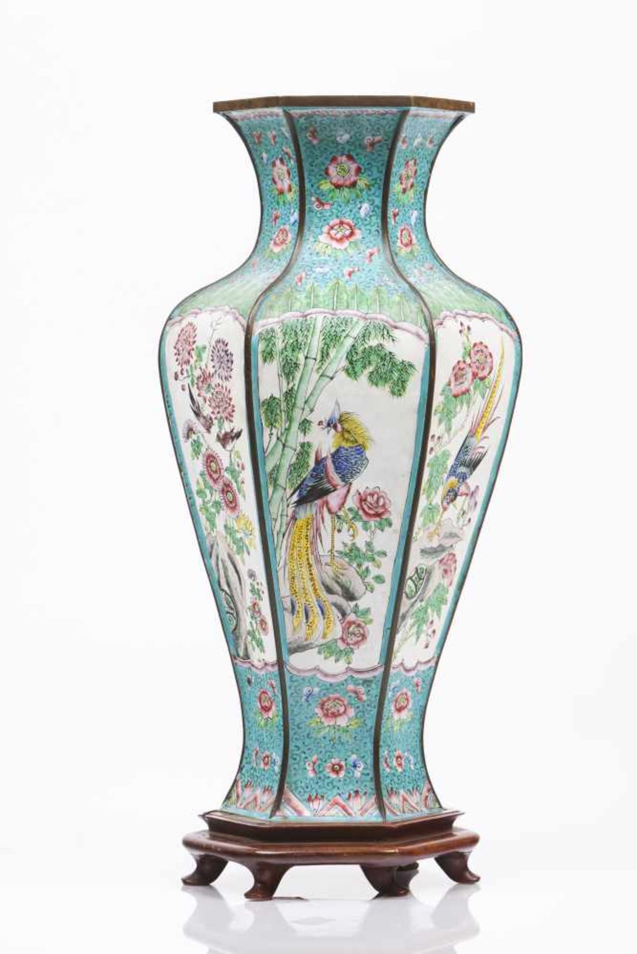 A vasePolychrome enamel on copperCartouches with pheasants, birds and flowers decorationQing