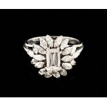 A ringGold Triple band of flower top set with baguette cut diamond (ca.0.80ct) and 19 marquise cut