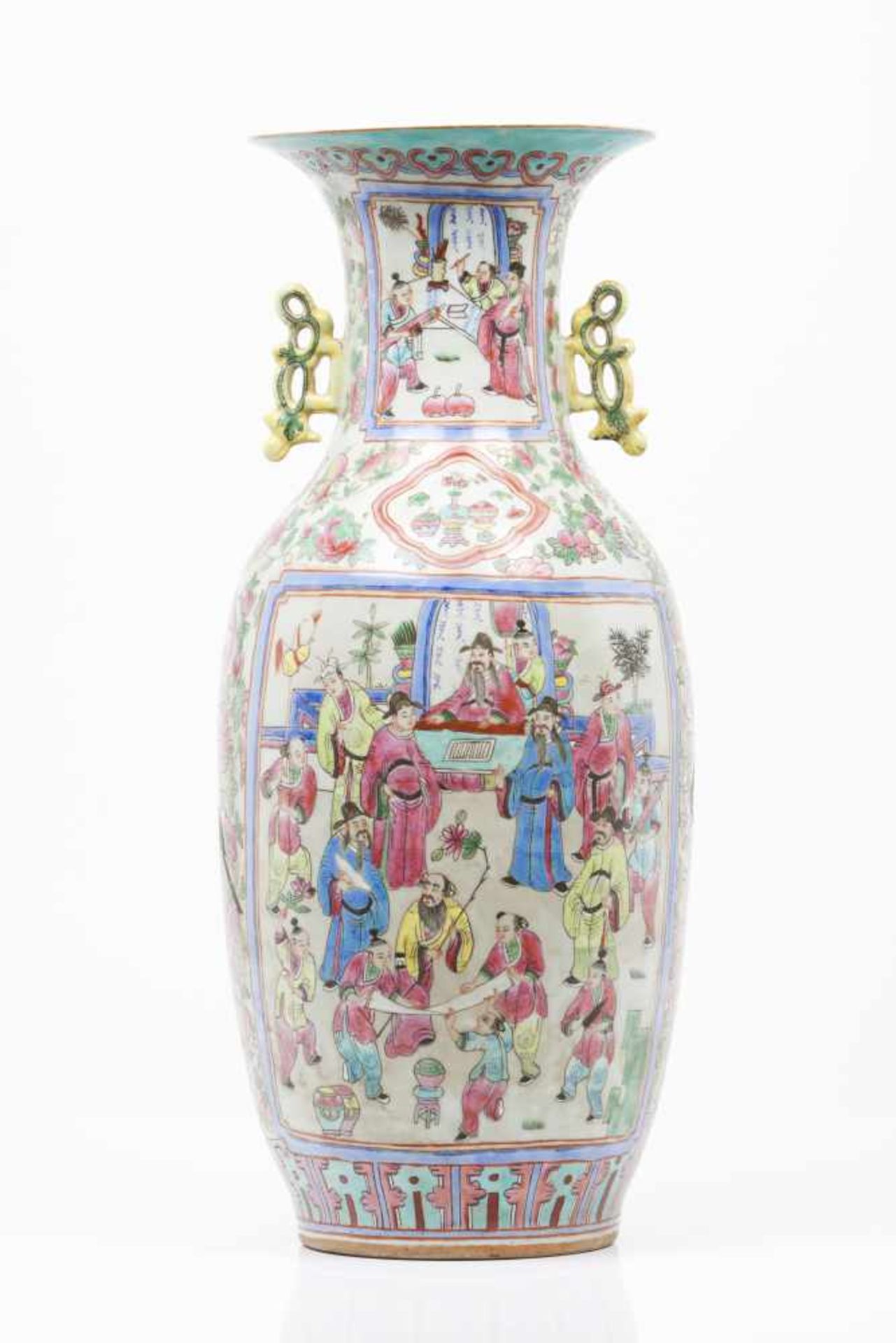 A large vase Chinese porcelain Famille Rose and gilt decoration depicting oriental figures