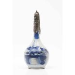 An incense burnerChinese porcelainBlue decoration of riverscape and pagodasSilvered metal rim