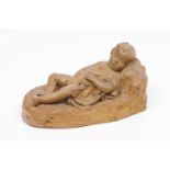 António Teixeira Lopes (1866-1942) Reclining boy Terracotta sculptureSigned with Fundição de Gaia