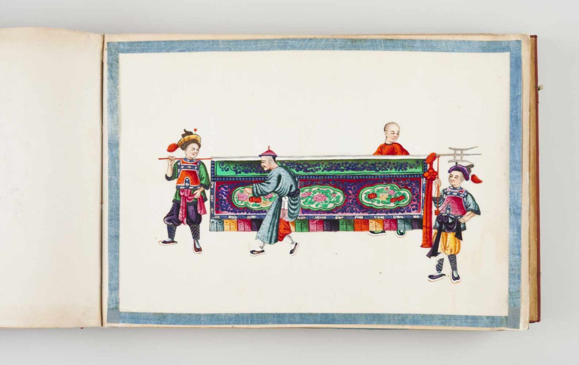 A rare Qing Dynasty album with 48 daily scenes on rice paperBlack and gilt Chinese lacquer cover and - Bild 5 aus 15