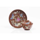 Yixing lided cup and saucerReddish brown clayPolychrome enamelled decoration with flowers and