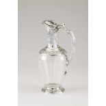 A jugFrench silver an decorated glassRaised friezes of foliage and grape motifsFluted handle of