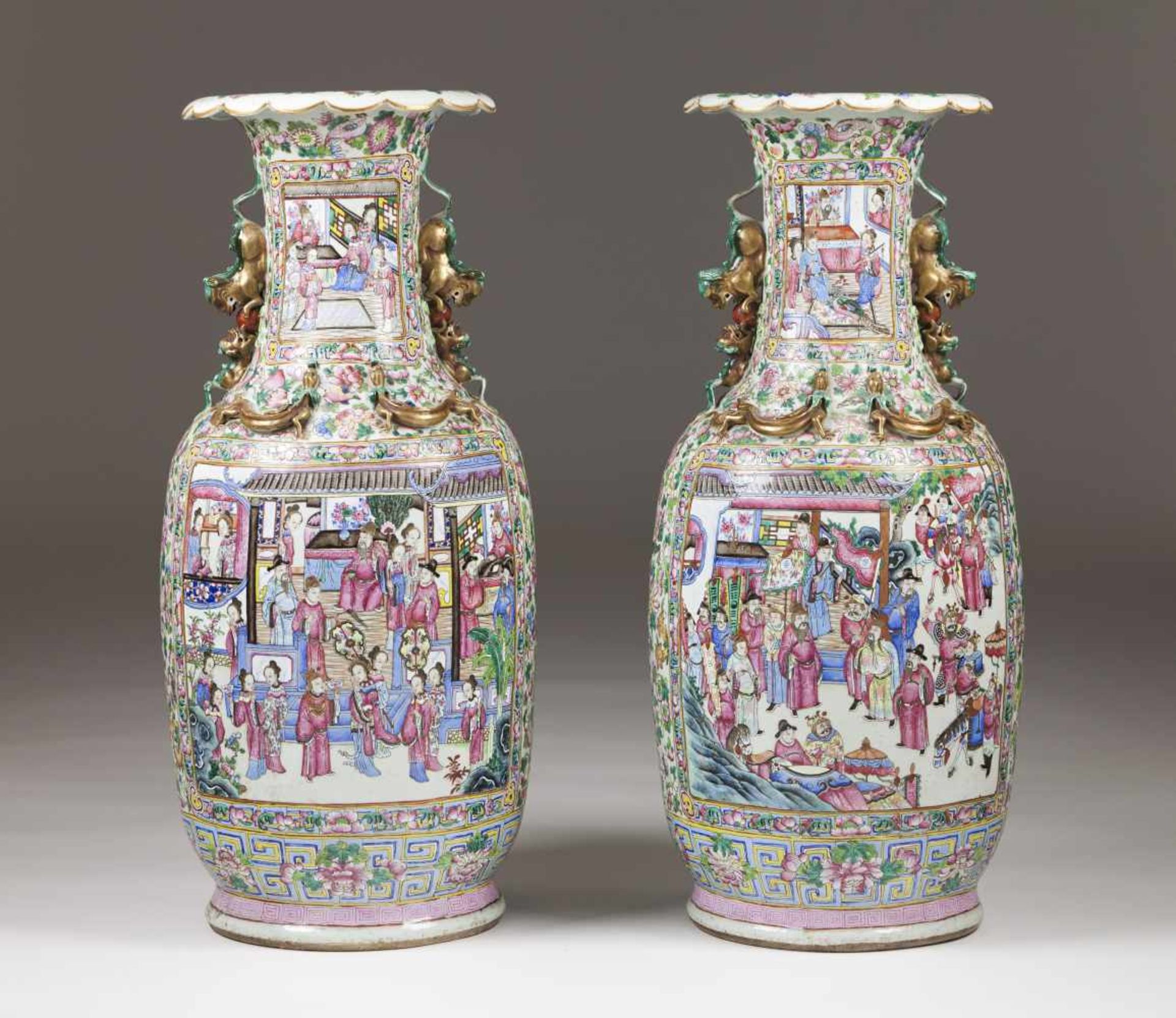 A pair of potsChinese export porcelain"Famille Rose" decoration of large cartouches with daily