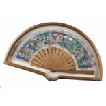 A fanCarved and relief sandalwood fan framePainted leaf with ivory elements depicting Chinese