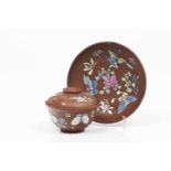 Yixing lided cup and saucerReddish brown clayPolychrome enamelled decoration with flowers and