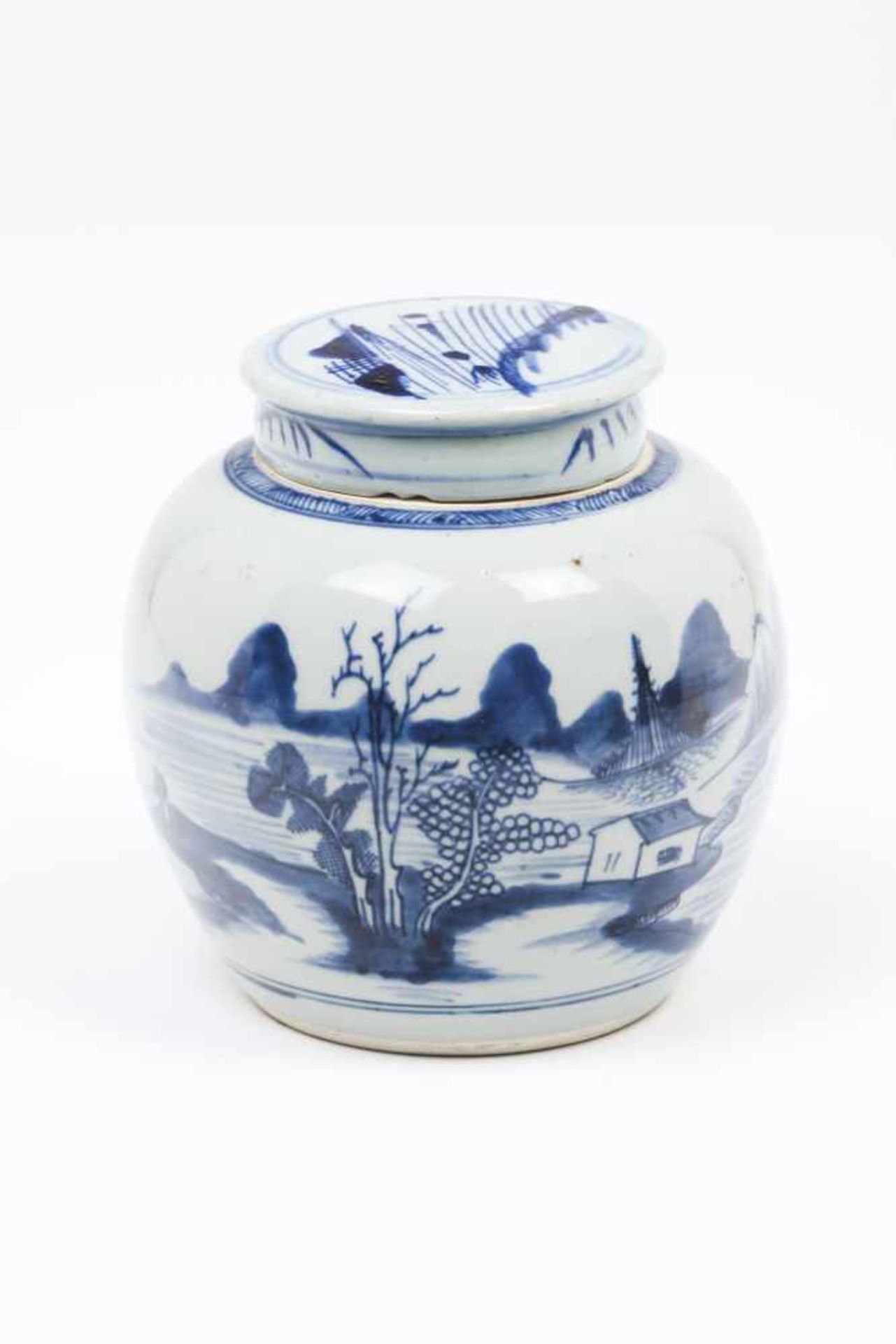 A ginger jarChinese porcelainBlue underglaze decoration with riverscapeMing dynasty, 17th century(