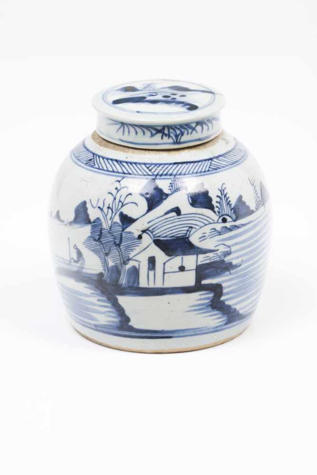 A ginger jarChinese porcelainBlue underglaze decoration with riverscapeMing dynasty, 17th century(