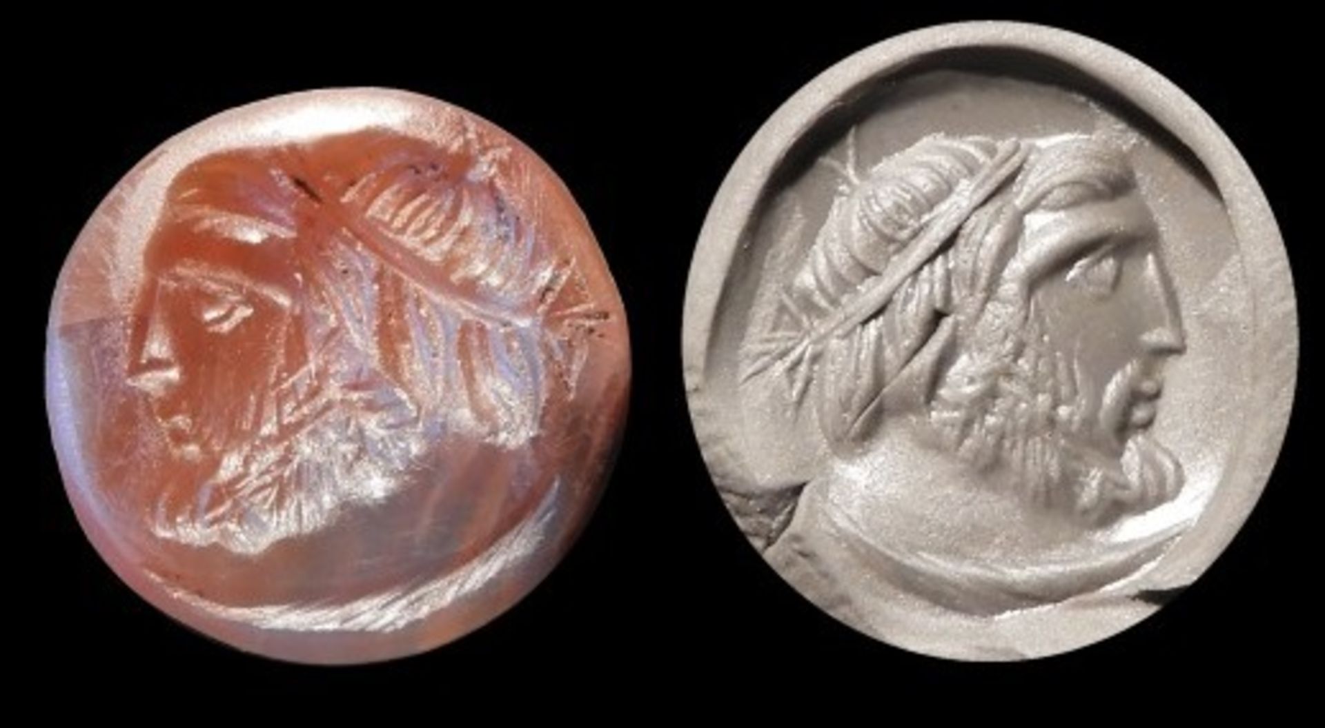 Intaille gravée d’un profil de Jupiter. . Cornaline . - Art romain. I-IIès. L [...]