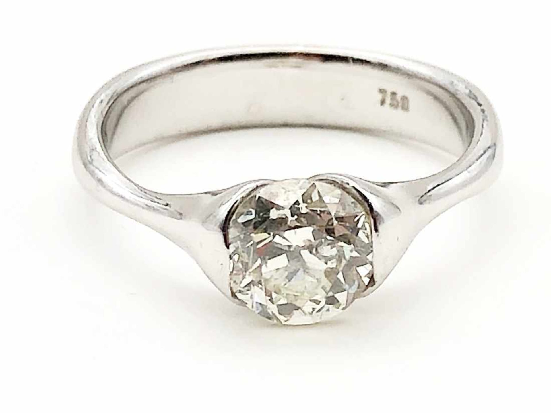 Ring 750 WG / 4,3 g, 1 Diamant Altschliff, ca. 1,40 ct, Tinted Yellow, piqué 2, Ø ca. 6,95 mm; RG: - Bild 2 aus 13