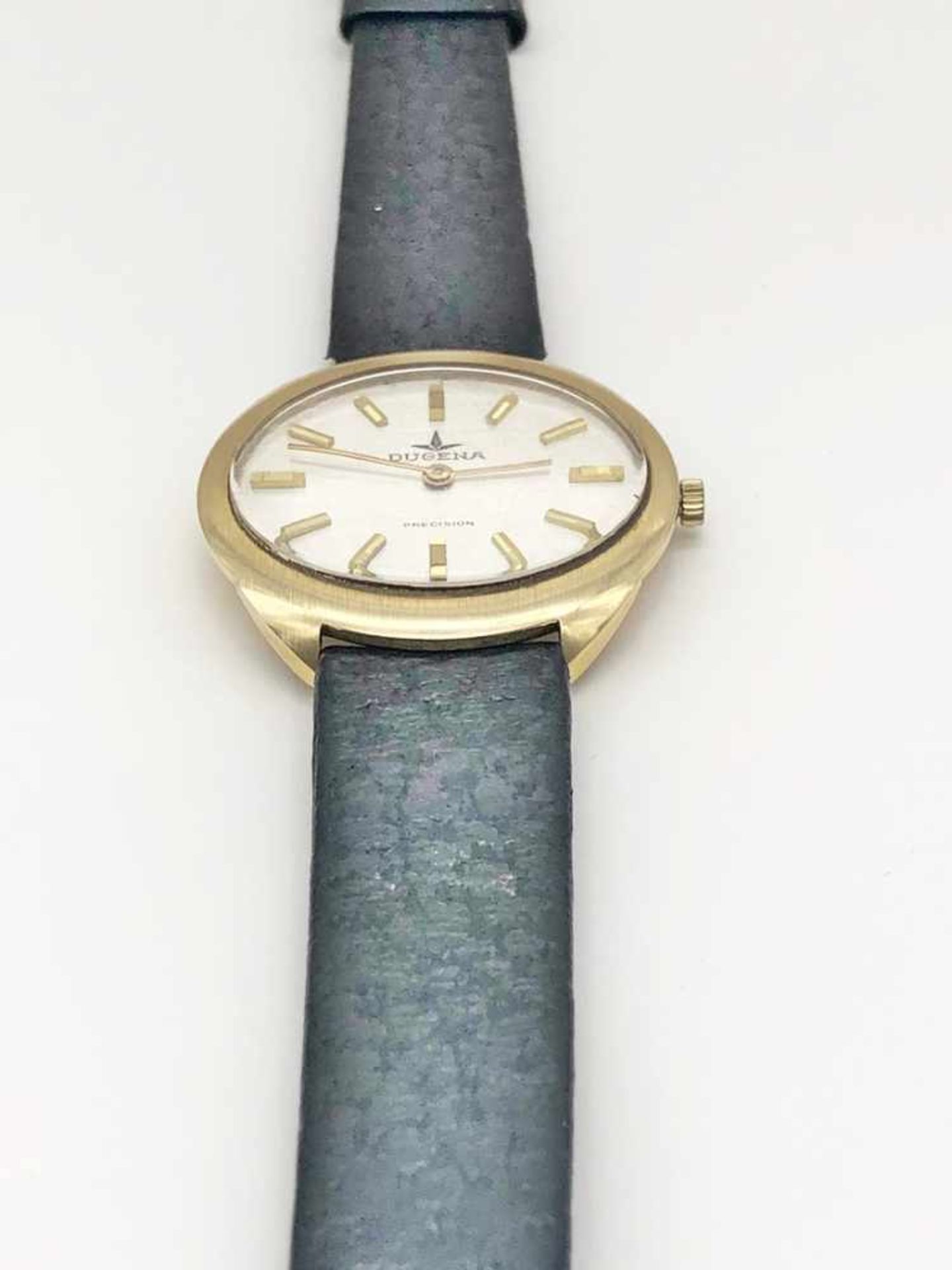 DUGENA Damenarmbanduhr 585 GG / 000, Handaufzug, Schließe dbl.; Ø ca. 34 mm. Uhrwerk defekt, - Image 3 of 8