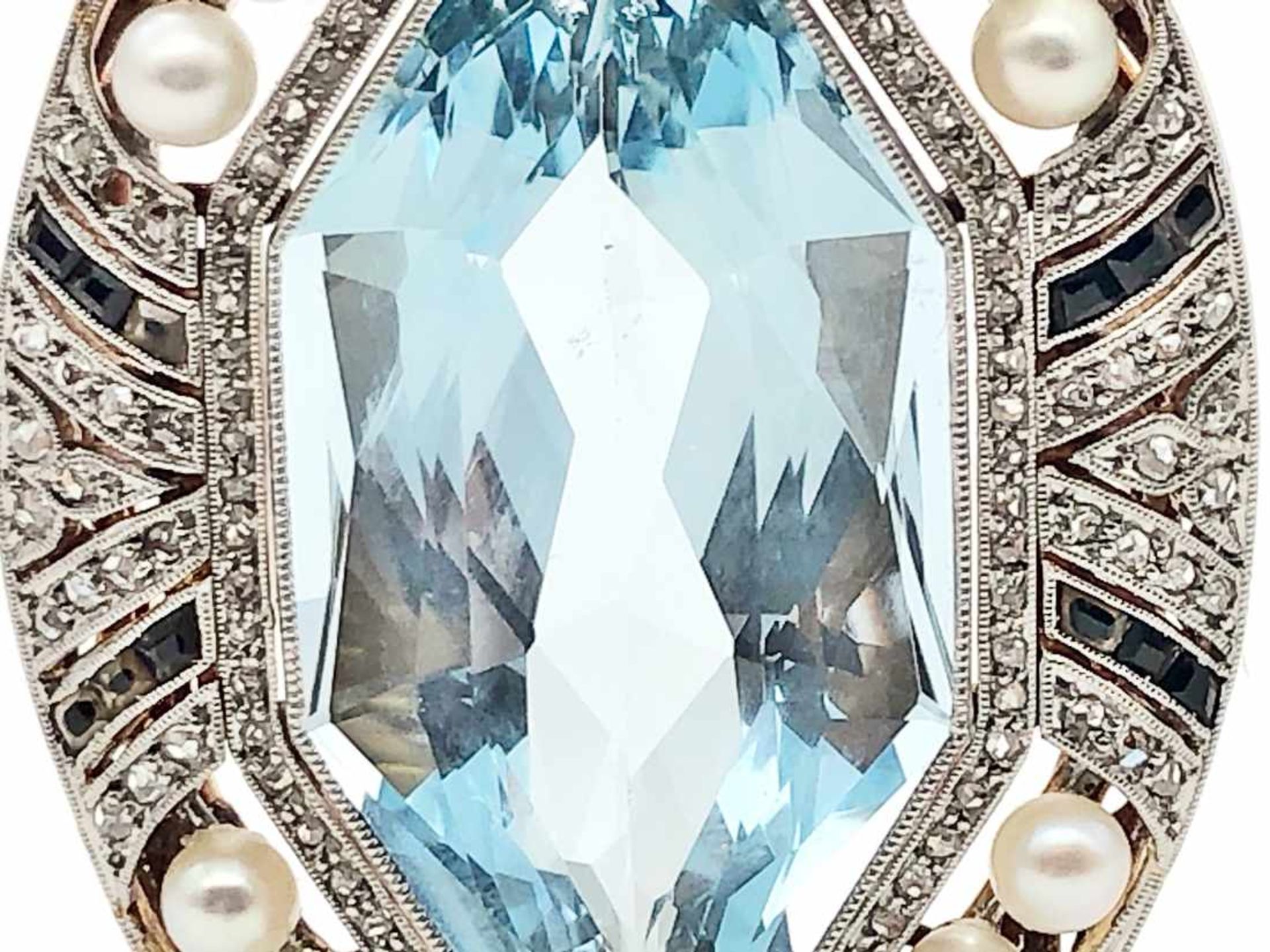 ART DECO Anhänger 750 GG / Platin / 17,9 g, besetzt mit einem großen Aquamarin, Diamanten und - Bild 10 aus 19