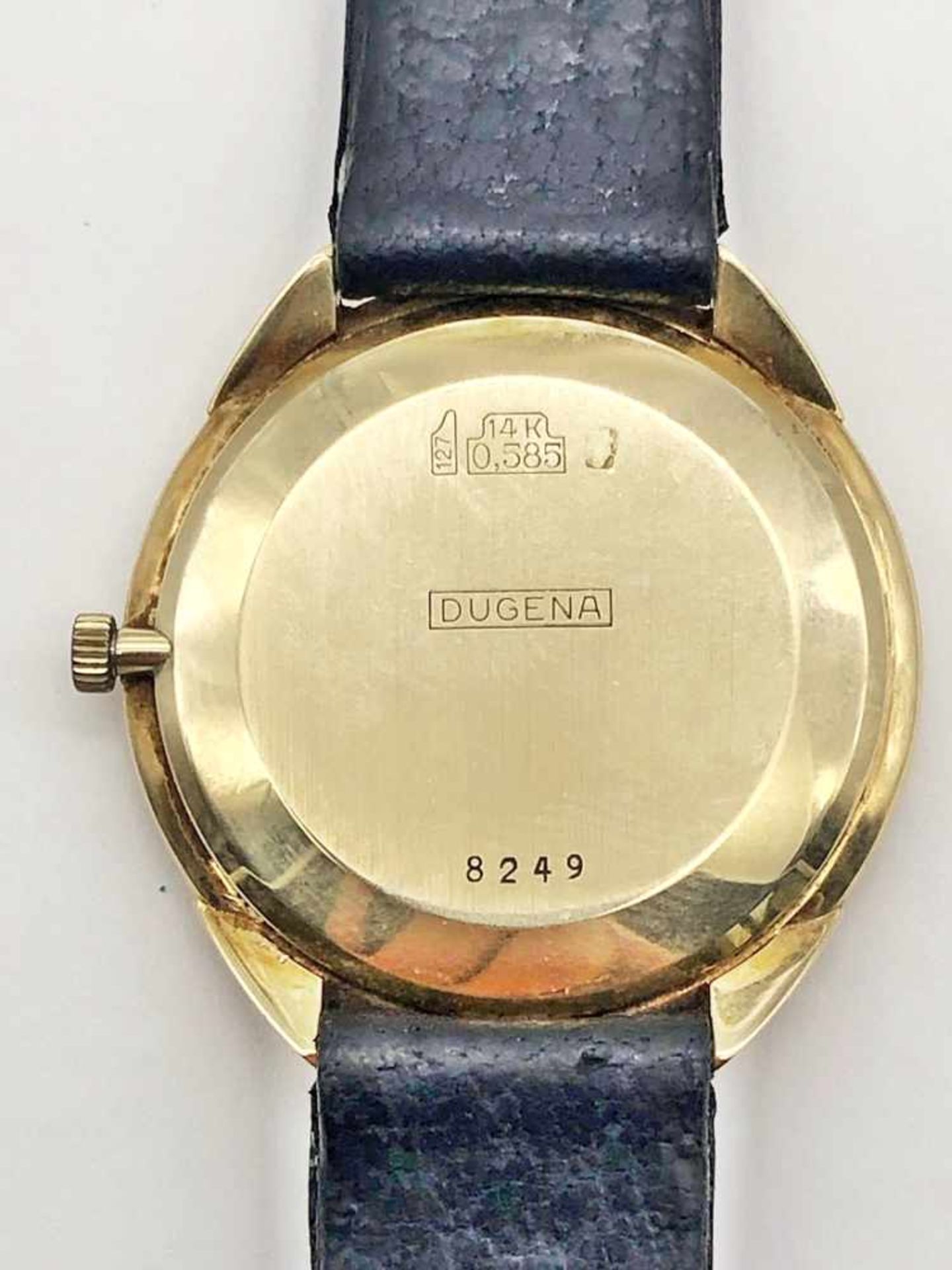 DUGENA Damenarmbanduhr 585 GG / 000, Handaufzug, Schließe dbl.; Ø ca. 34 mm. Uhrwerk defekt, - Image 6 of 8