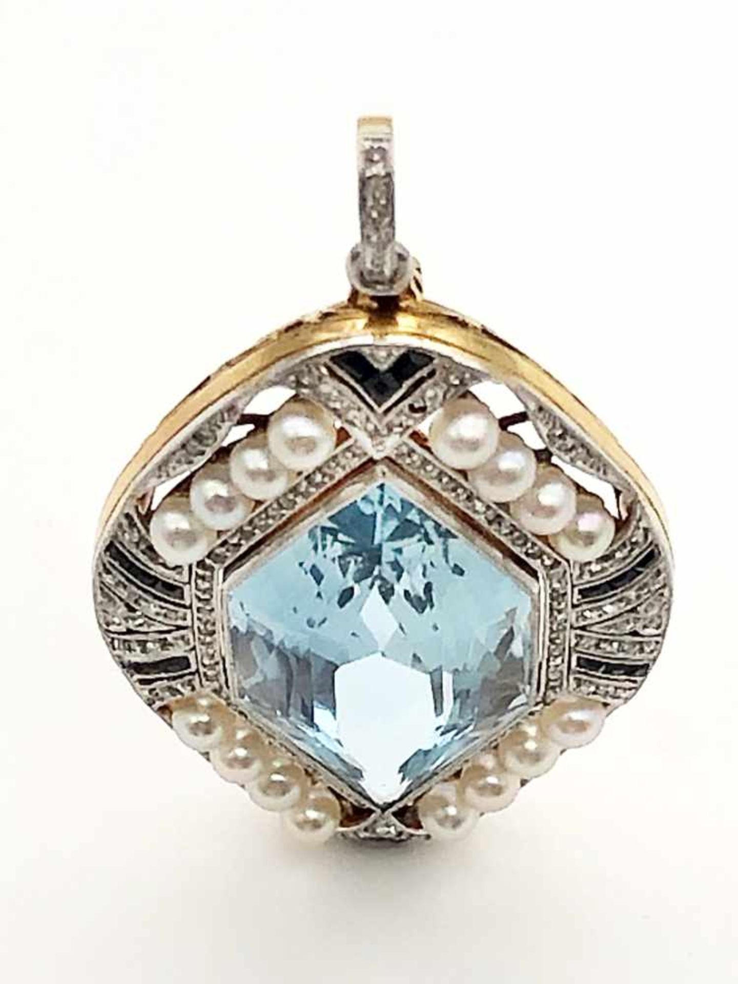 ART DECO Anhänger 750 GG / Platin / 17,9 g, besetzt mit einem großen Aquamarin, Diamanten und - Bild 12 aus 19