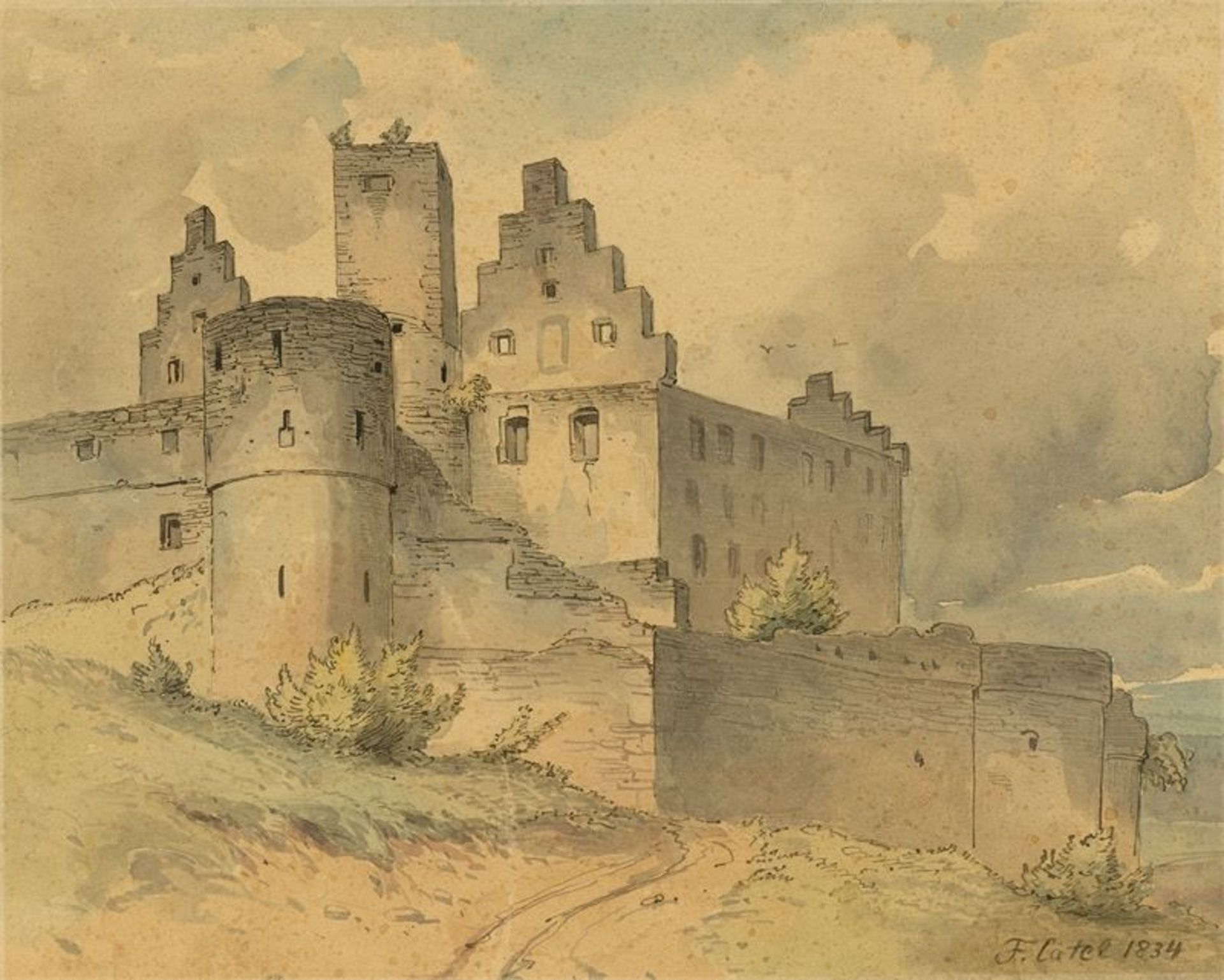 Franz Ludwig Catel (Berlin 1778 – 1856 Rom)Ruine Trimburg (2 Blatt). 1834Jeweils Aquarell und