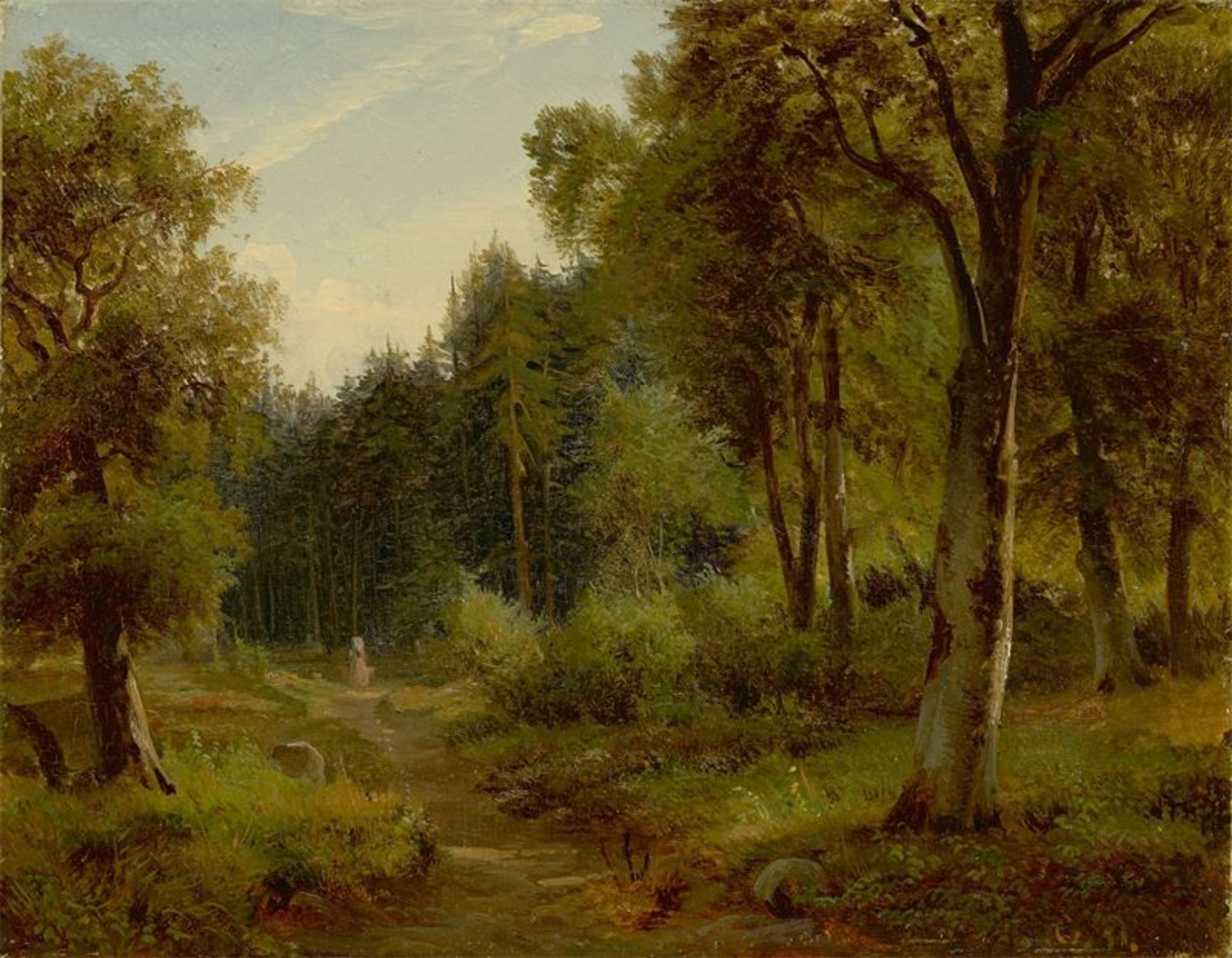 Louis Gurlitt (Altona 1812 – 1897 Naundorf/Sachsen)Waldweg. 1851 (?)Öl auf Holz. 22,4 × 28,6 cm (