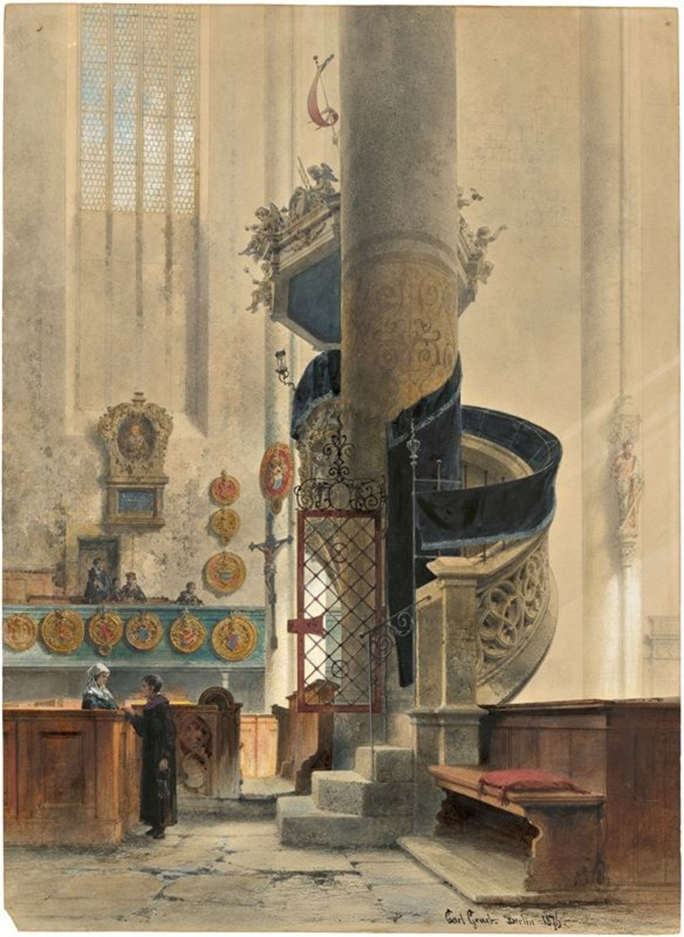 Carl Graeb (1816 – Berlin – 1884)Die Kanzel von St. Georg in Nördlingen. 1876Aquarell auf Papier.