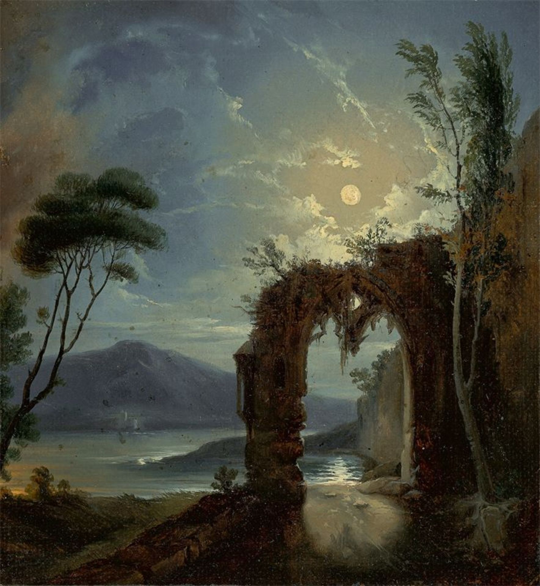 Deutsch, um 1830/40 ()Ruine an einem See bei Mondschein. Öl auf Papier auf Leinwand. 18,3 × 16,8