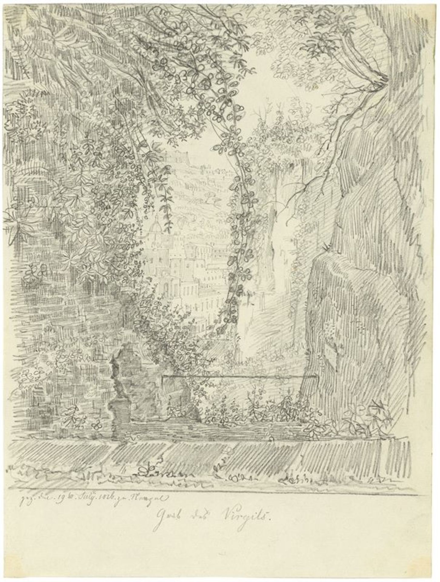Ludwig Emil Grimm (Hanau 1790 – 1863 Kassel)„Grab des Virgil bei Neapel“. 1816Bleistift auf
