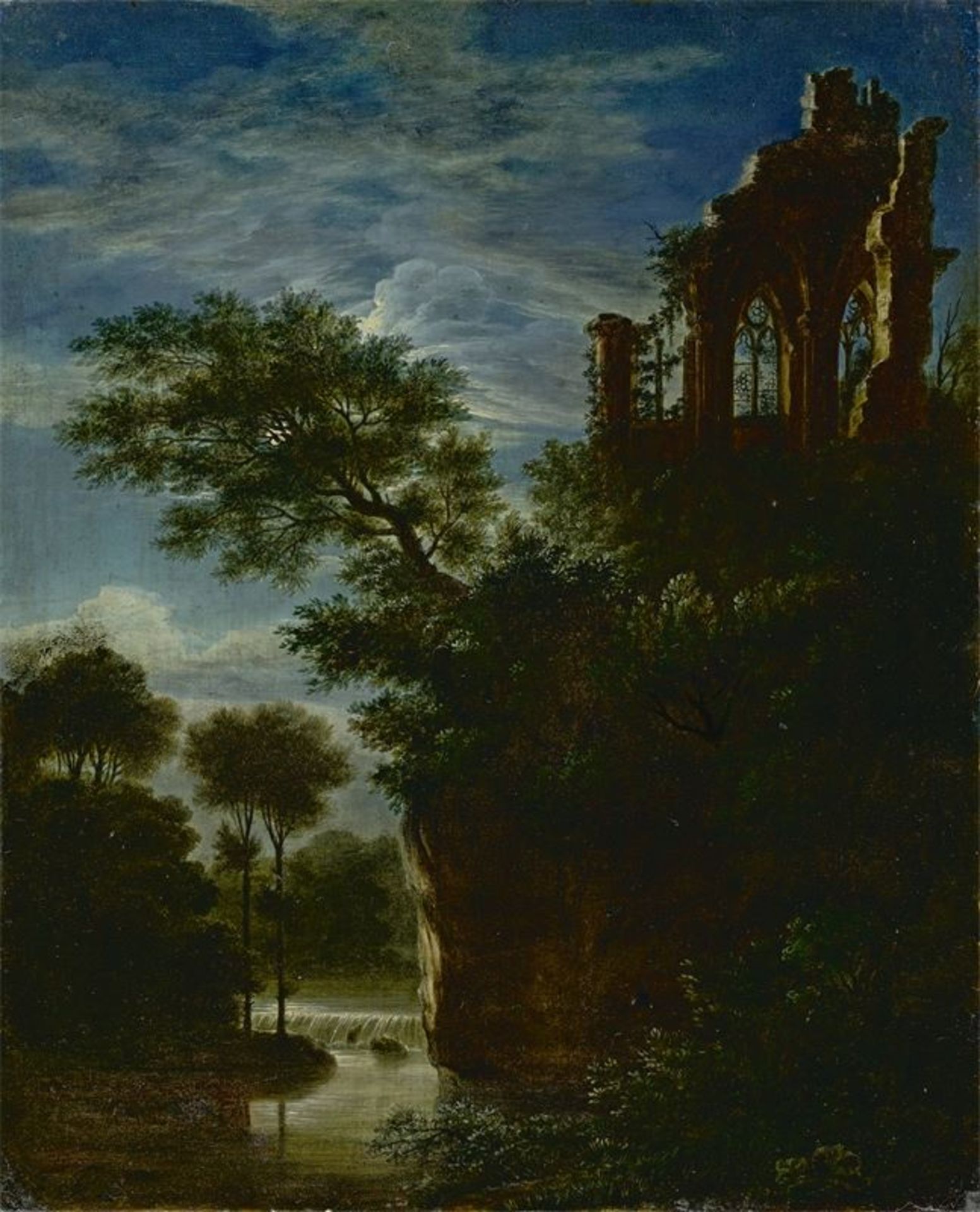 Deutsch, um 1825/35 ()Ruine über einem Fluss im Mondschein. Öl auf Holz. 28,7 × 23,4 cm ( 11 ¼ × 9 ¼