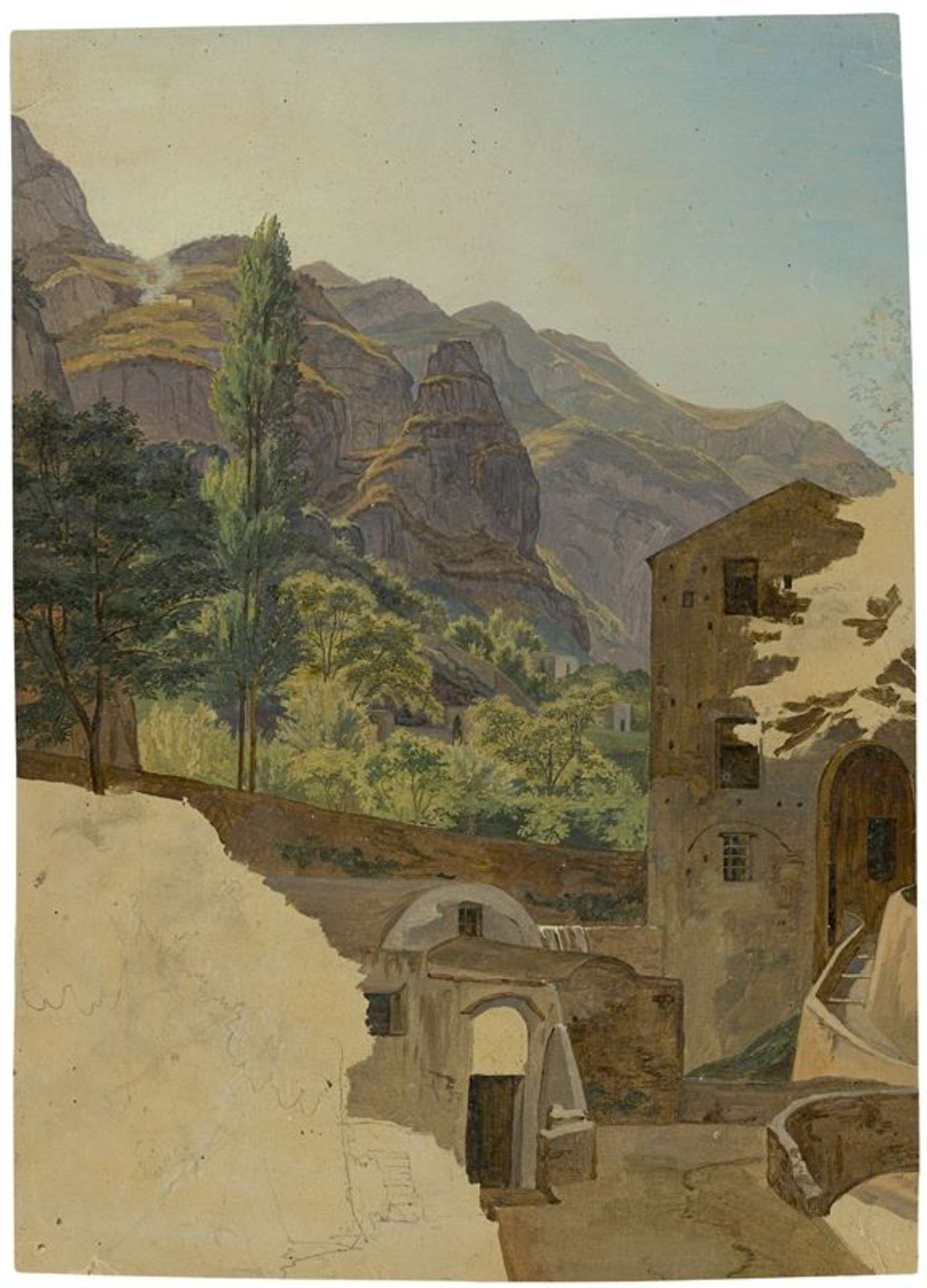 Carl Wagner (Roßdorf in der Rhön 1796 – 1867 Meiningen)„Amalfi“. 1823Öl über Bleistift auf Bütten.