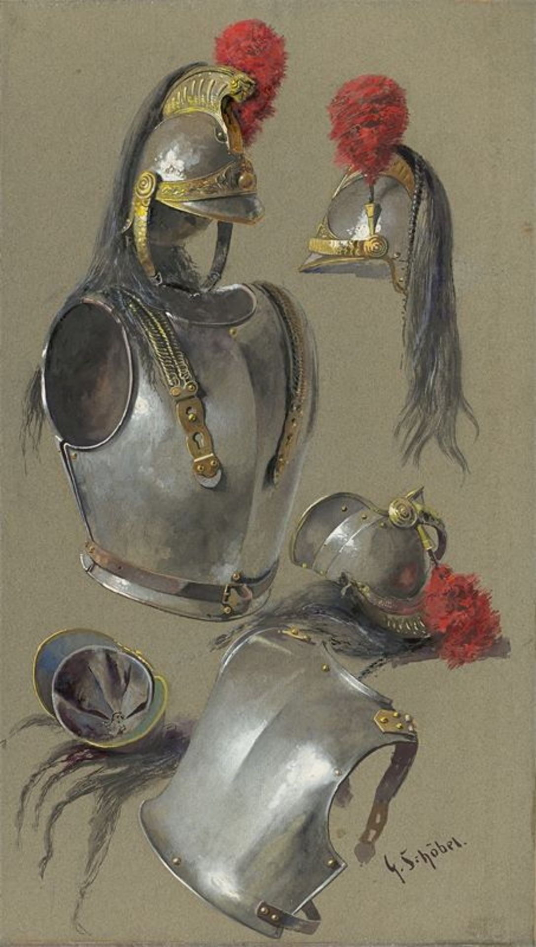 Georg Schöbel (1860 – Berlin – 1930)Rüstungen (Studie). Gouache auf graugrünem Velin, auf Karton