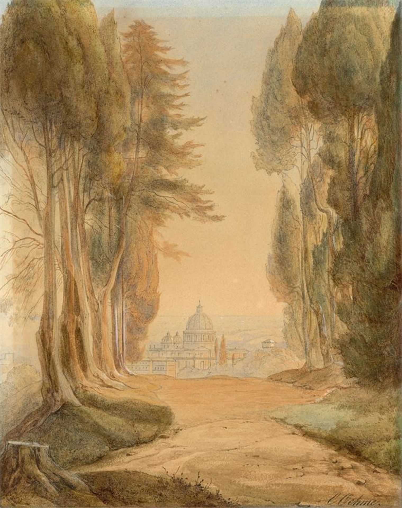 Ernst Ferdinand Oehme (1797 – Dresden – 1855)Aussicht vom Monte Mario auf Rom. 1829 (?)Aquarell über