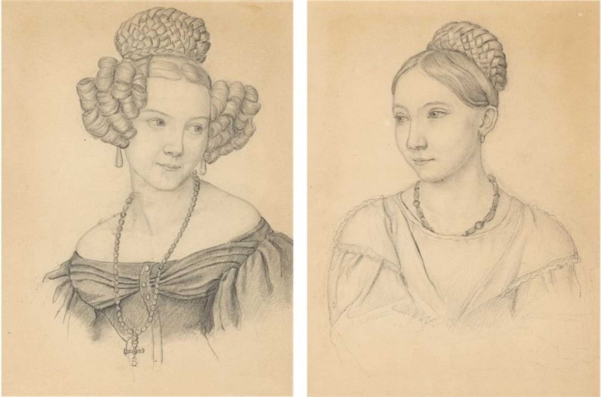 Deutsch, um 1825/30 ()Zwei Mädchen. Jeweils Bleistift auf dünnem Velin (Wasserzeichen: C & H HONIG).