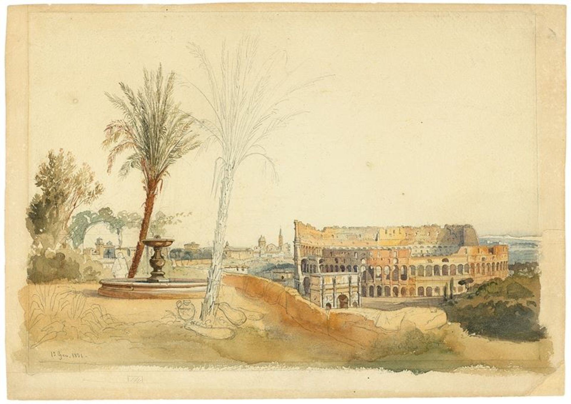 Deutsch/Italienisch, 1851 ()Blick auf das Kolosseum in Rom. 1851Aquarell über Bleistift auf